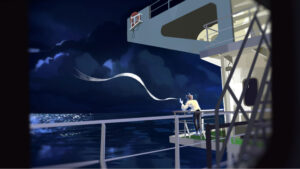 Illustrated still of man hunched over a boat railing looking at the night sky on the ocean